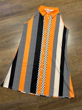 Bold Striped Button-Up Golf or Tennis Midi Dress in Orange, Black & Cream